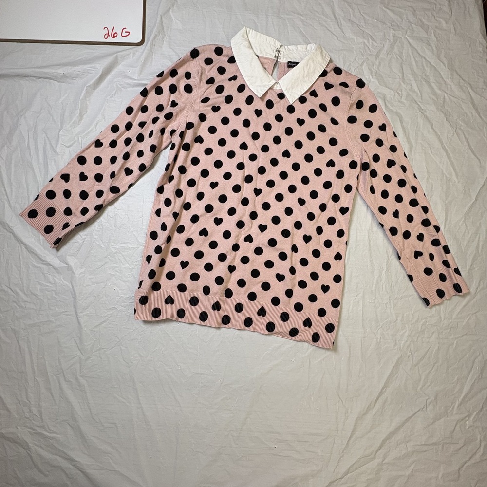 Cable & Gauge womens sweater w/collar, pink/black, polka dot/heart, size Small